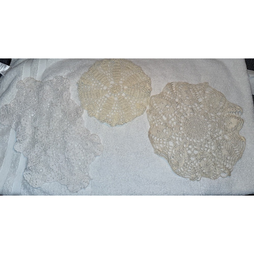 Vintage Doilies Lot Of 3. 1-white And 2 Beige. Handmade